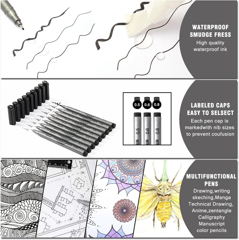 Brusarth Precision Black Micro-Pen Fineliner Ink Pens, Waterproof Archival Ink, Drawing Pen, Artist Illustration Pens, Multiliner, for Art Watercolor, Sketching, Anime, Manga, Design, 9/Set(Black) - Image 4